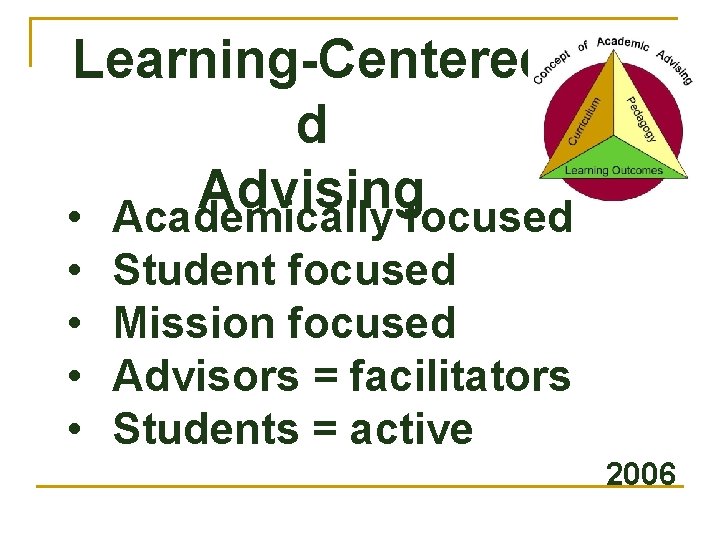 Learning-Centered d Advising • Academically focused • • Student focused Mission focused Advisors =