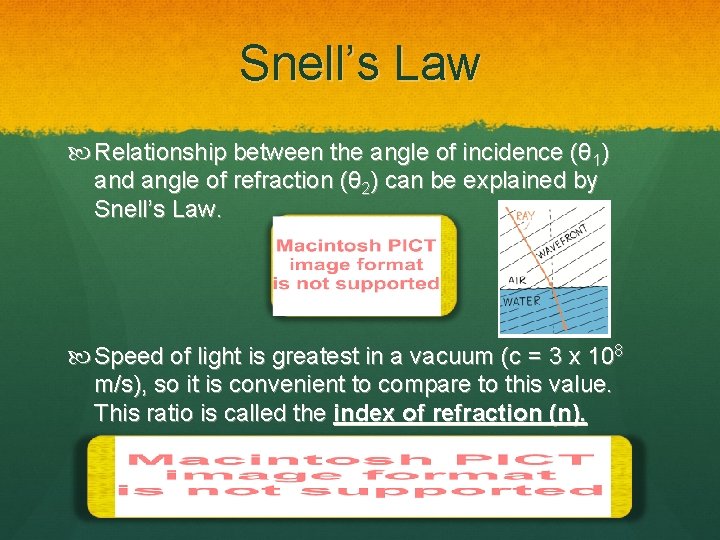 Snell’s Law Relationship between the angle of incidence (θ 1) and angle of refraction