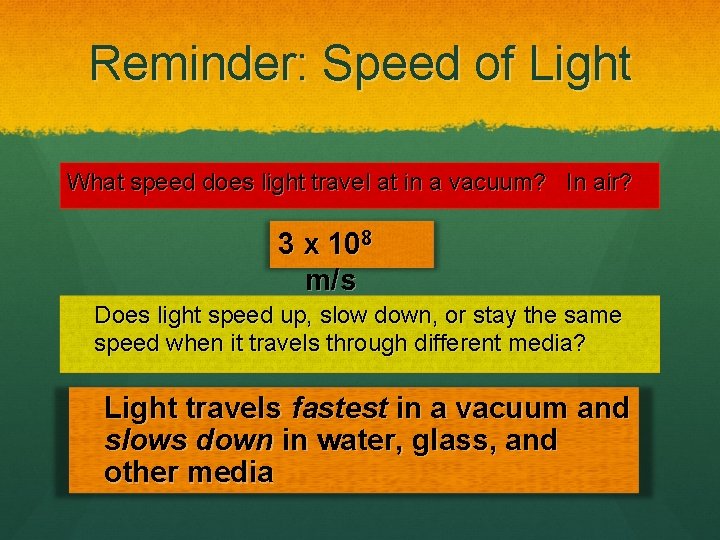 Reminder: Speed of Light What speed does light travel at in a vacuum? In