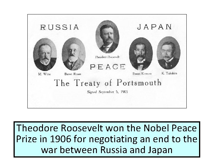 Theodore Roosevelt won the Nobel Peace Prize in 1906 for negotiating an end to