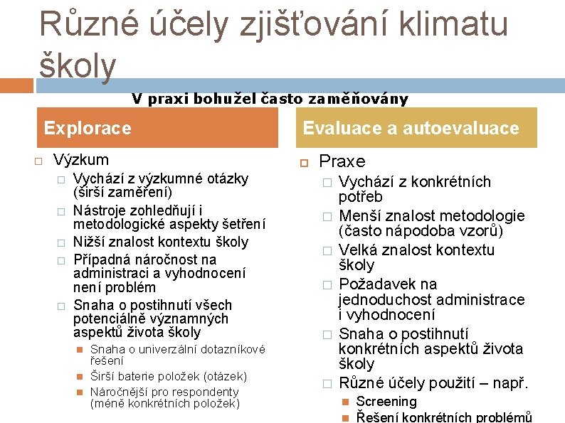 Různé účely zjišťování klimatu školy V praxi bohužel často zaměňovány Explorace Výzkum � �