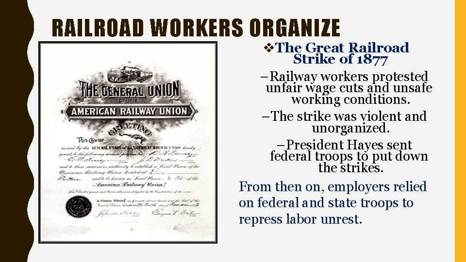 RAILROAD WORKERS ORGANIZE v. The Great Railroad Strike of 1877 – Railway workers protested