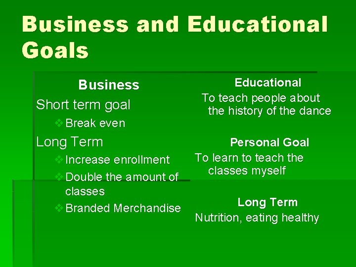 Business and Educational Goals Business Short term goal v. Break even Long Term v.