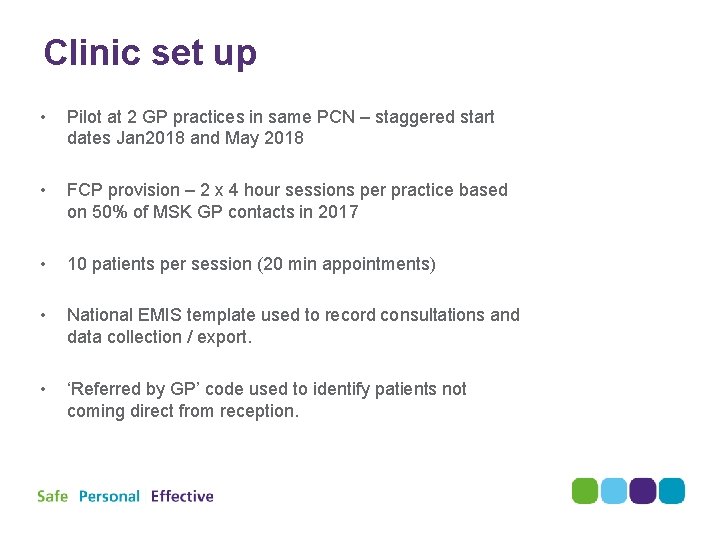 Clinic set up • Pilot at 2 GP practices in same PCN – staggered Clinic set up • Pilot at 2 GP practices in same PCN – staggered