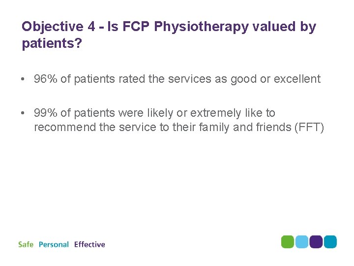Objective 4 - Is FCP Physiotherapy valued by patients? • 96% of patients rated Objective 4 - Is FCP Physiotherapy valued by patients? • 96% of patients rated