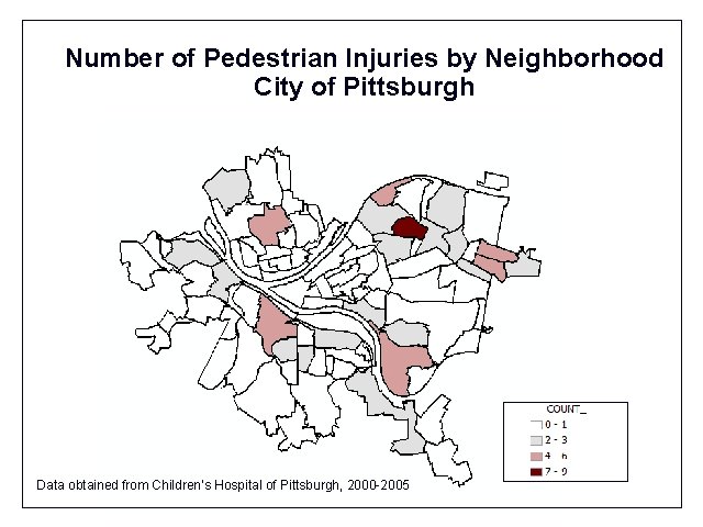 Number of Pedestrian Injuries by Neighborhood City of Pittsburgh Data obtained from Children’s Hospital