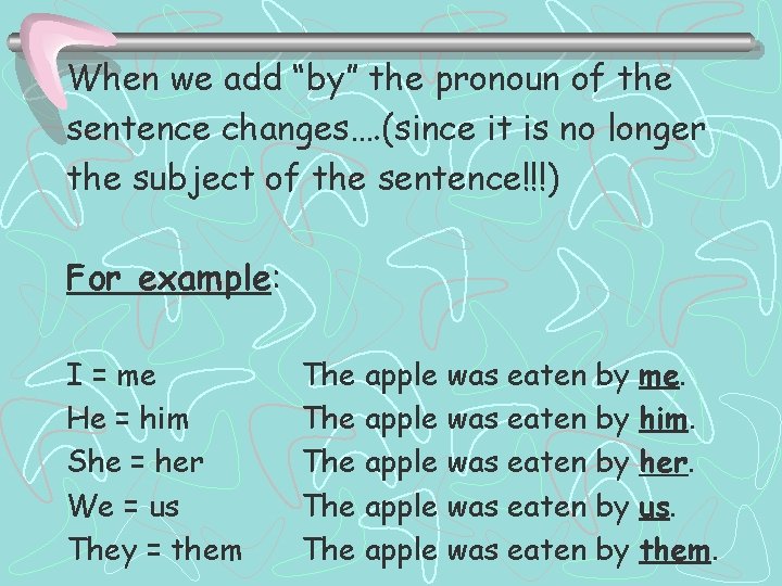 When we add “by” the pronoun of the sentence changes…. (since it is no