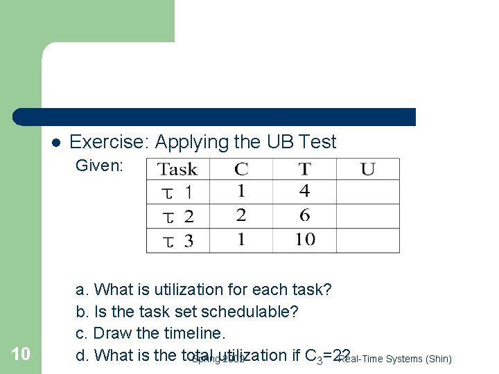 l Exercise: Applying the UB Test Given: 10 a. What is utilization for each