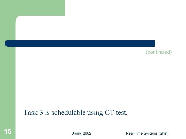 (continued) Task 3 is schedulable using CT test. 15 Spring 2002 Real-Time Systems (Shin)