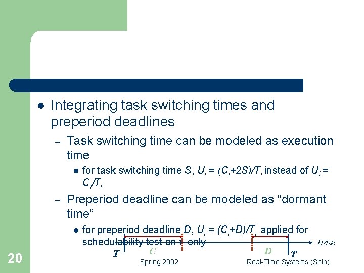 l Integrating task switching times and preperiod deadlines – Task switching time can be