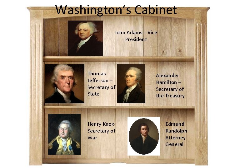 Washington’s Cabinet John Adams – Vice President Thomas Jefferson – Secretary of State Henry