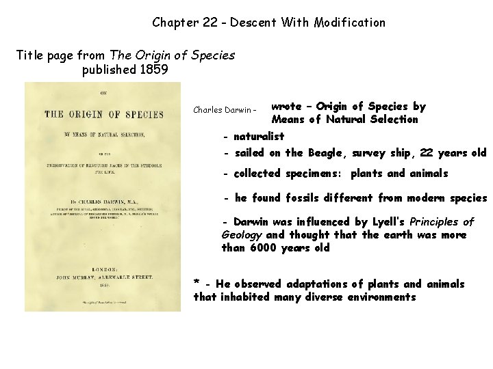 Chapter 22 - Descent With Modification Title page from The Origin of Species published