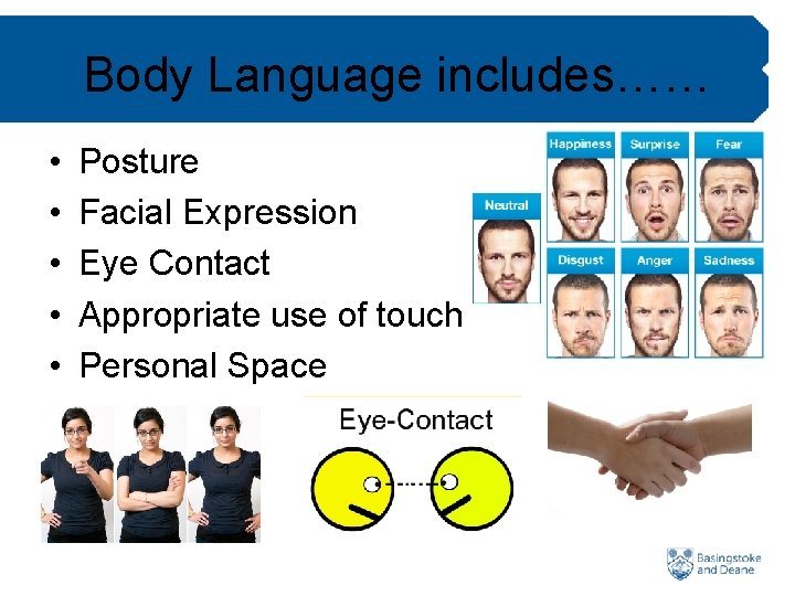 Body Language includes…… • • • Posture Facial Expression Eye Contact Appropriate use of