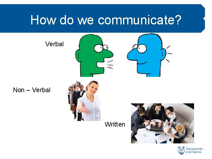 How do we communicate? Verbal Non – Verbal Written 