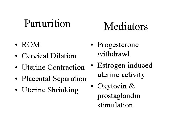 Parturition • • • Mediators ROM • Progesterone withdrawl Cervical Dilation Uterine Contraction •