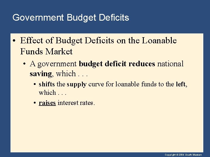 Government Budget Deficits • Effect of Budget Deficits on the Loanable Funds Market •