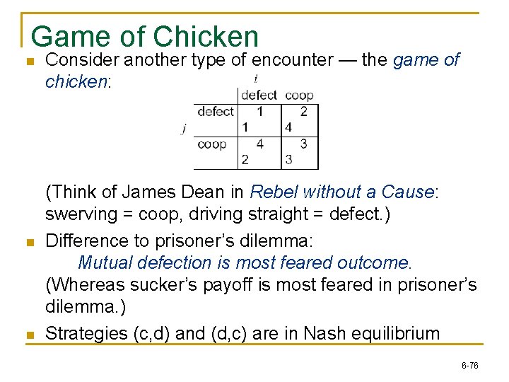 Game of Chicken n Consider another type of encounter — the game of chicken: