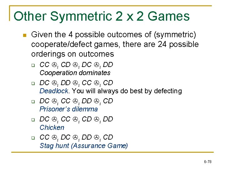 Other Symmetric 2 x 2 Games n Given the 4 possible outcomes of (symmetric)