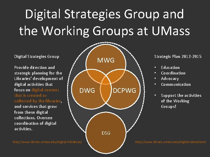 Digital Strategies Group and the Working Groups at UMass Digital Strategies Group Provide direction