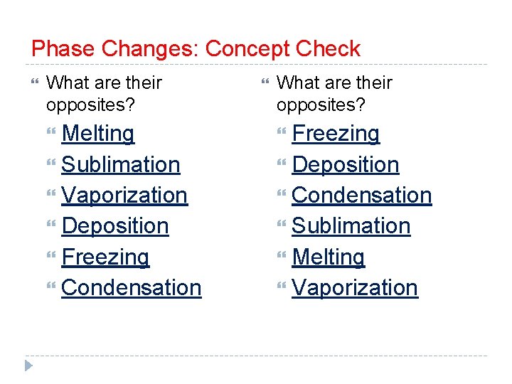 Phase Changes: Concept Check What are their opposites? Melting Sublimation Vaporization Deposition Freezing Condensation