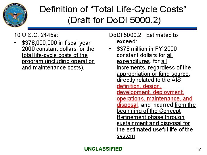 Definition of “Total Life-Cycle Costs” (Draft for Do. DI 5000. 2) 10 U. S.