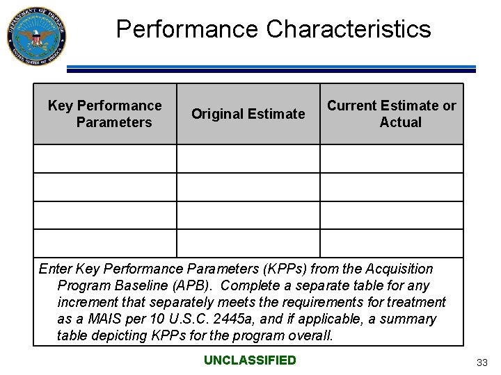 Performance Characteristics Key Performance Parameters Original Estimate Current Estimate or Actual Enter Key Performance