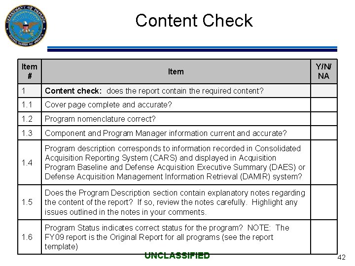 Content Check Item # Item 1 Content check: does the report contain the required