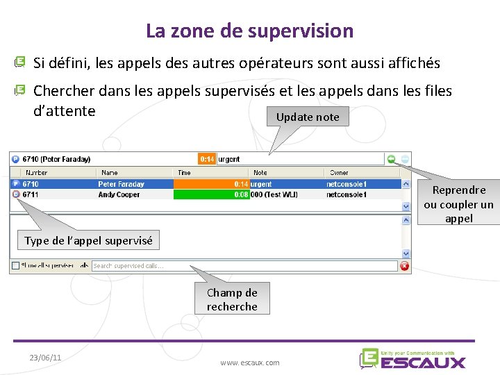 La zone de supervision Si défini, les appels des autres opérateurs sont aussi affichés