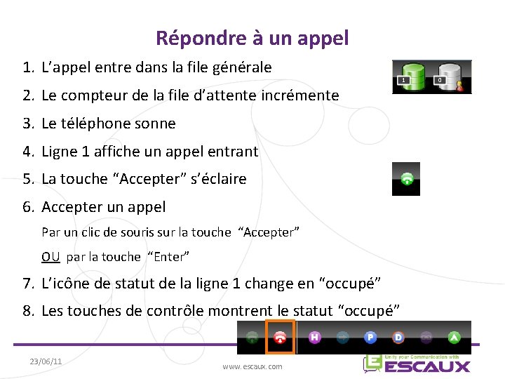 Répondre à un appel 1. L’appel entre dans la file générale 2. Le compteur