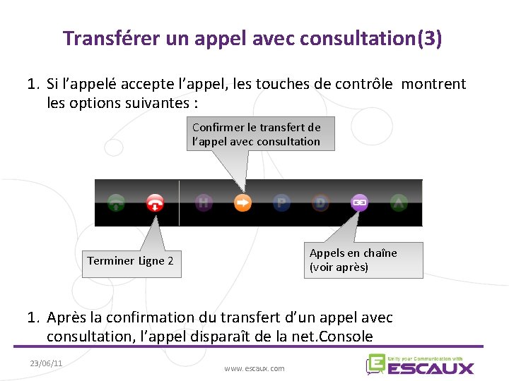 Transférer un appel avec consultation(3) 1. Si l’appelé accepte l’appel, les touches de contrôle