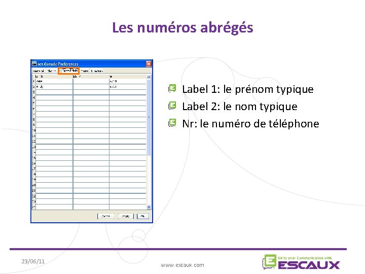 Les numéros abrégés Label 1: le prénom typique Label 2: le nom typique Nr: