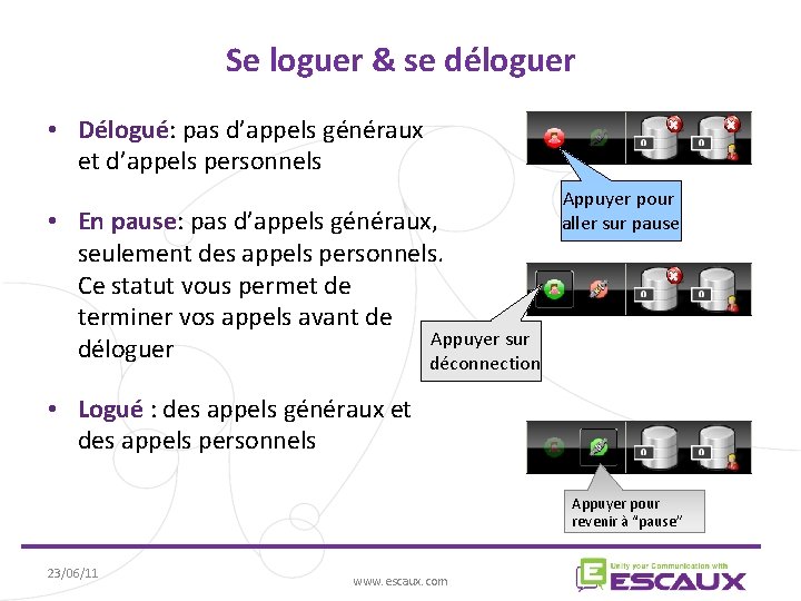 Se loguer & se déloguer • Délogué: pas d’appels généraux et d’appels personnels •