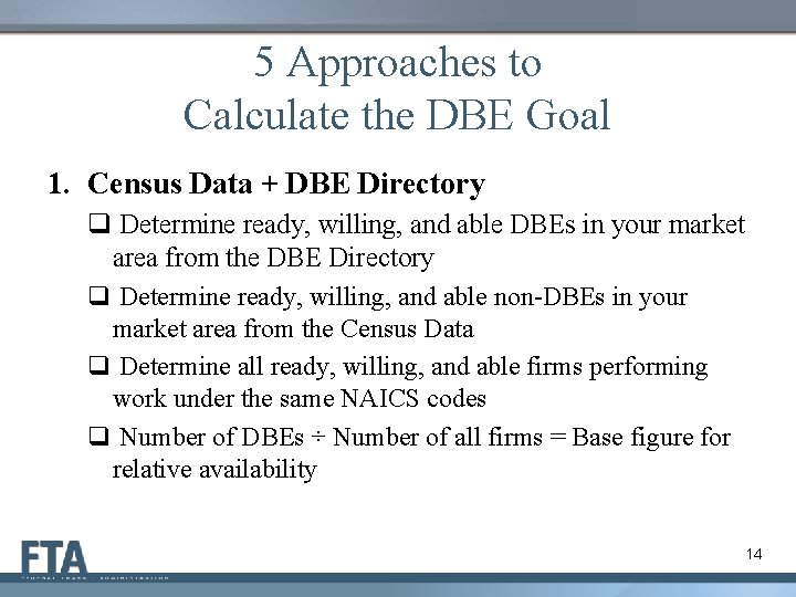 5 Approaches to Calculate the DBE Goal 1. Census Data + DBE Directory q