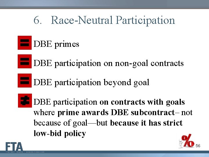 6. Race-Neutral Participation DBE primes DBE participation on non-goal contracts DBE participation beyond goal