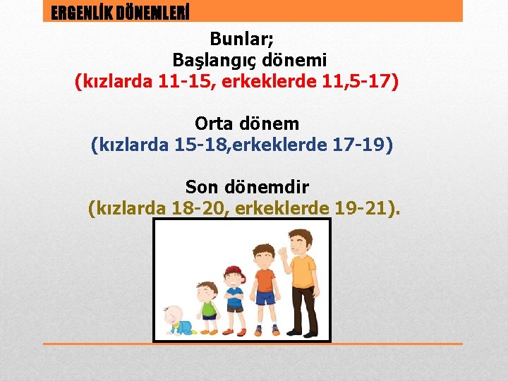 ERGENLİK DÖNEMLERİ Bunlar; Başlangıç dönemi (kızlarda 11 -15, erkeklerde 11, 5 -17) Orta dönem