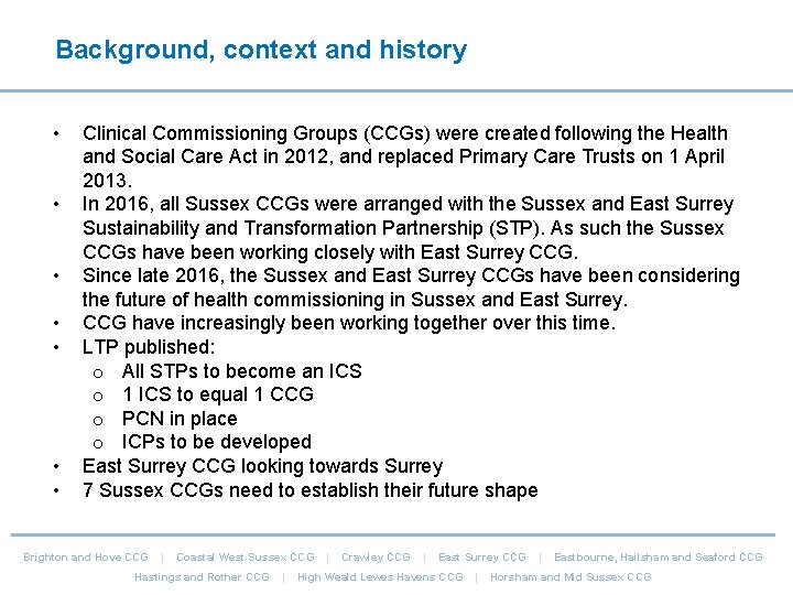 Background, context and history • • Clinical Commissioning Groups (CCGs) were created following the Background, context and history • • Clinical Commissioning Groups (CCGs) were created following the