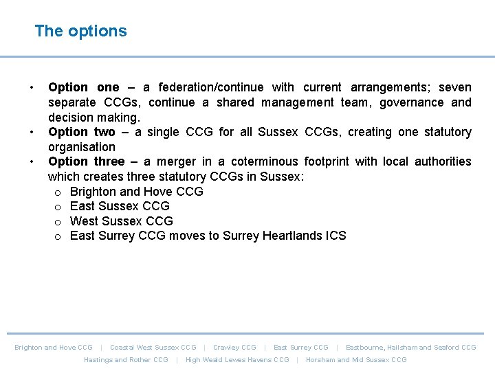 The options • • • Option one – a federation/continue with current arrangements; seven The options • • • Option one – a federation/continue with current arrangements; seven