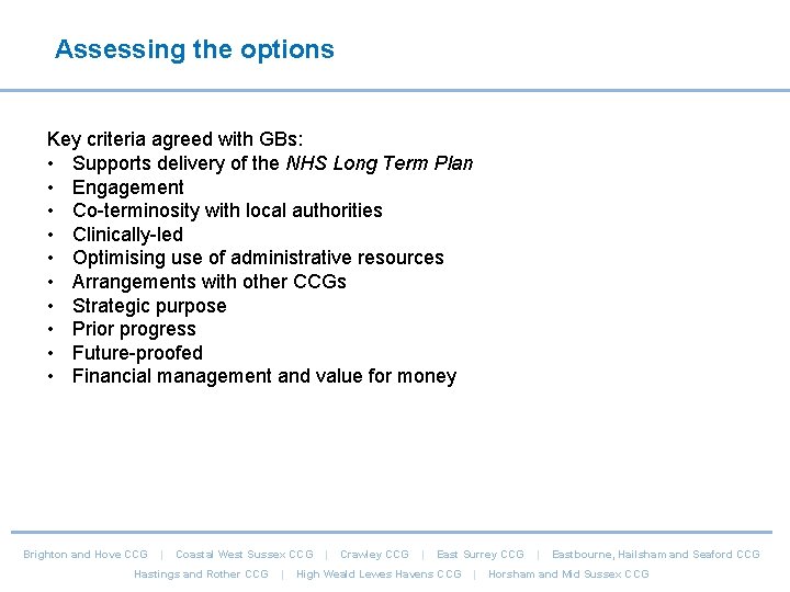 Assessing the options Key criteria agreed with GBs: • Supports delivery of the NHS Assessing the options Key criteria agreed with GBs: • Supports delivery of the NHS