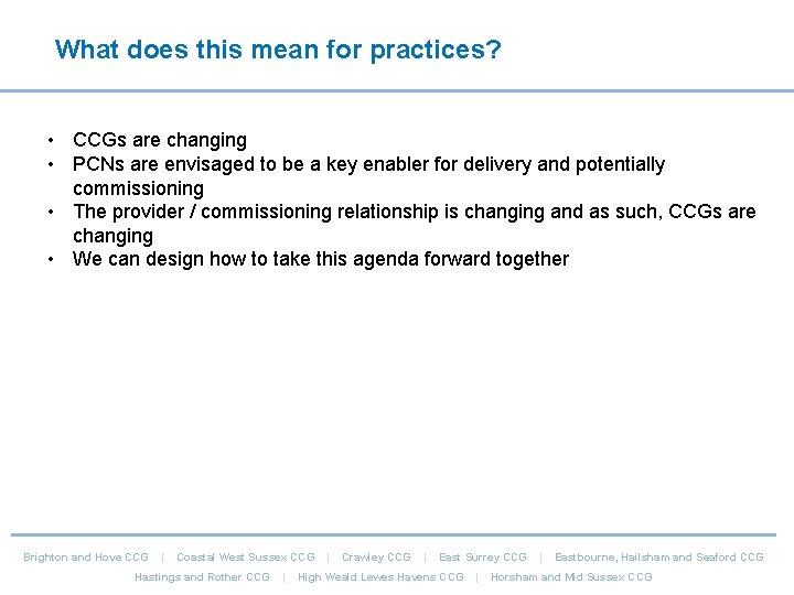 What does this mean for practices? • CCGs are changing • PCNs are envisaged What does this mean for practices? • CCGs are changing • PCNs are envisaged
