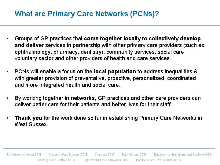 What are Primary Care Networks (PCNs)? • Groups of GP practices that come together What are Primary Care Networks (PCNs)? • Groups of GP practices that come together