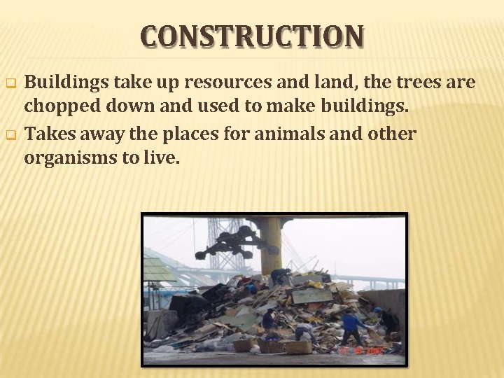 CONSTRUCTION Buildings take up resources and land, the trees are chopped down and used