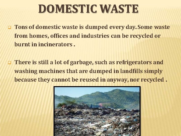 DOMESTIC WASTE Tons of domestic waste is dumped every day. Some waste from homes,