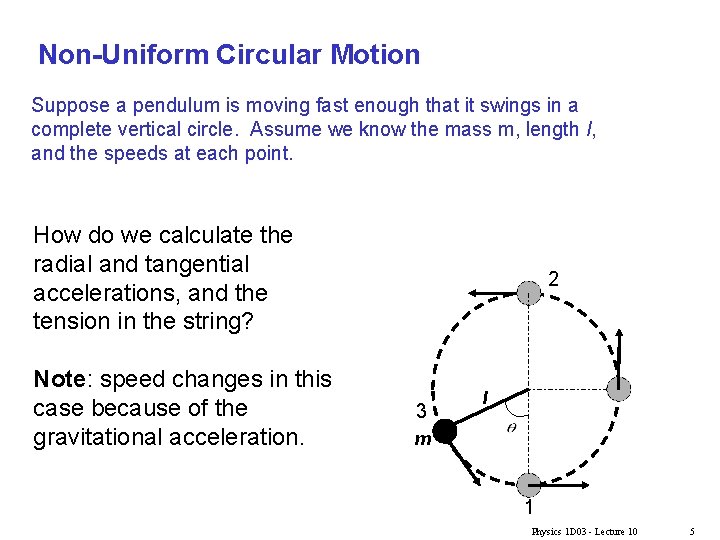 Non-Uniform Circular Motion Suppose a pendulum is moving fast enough that it swings in