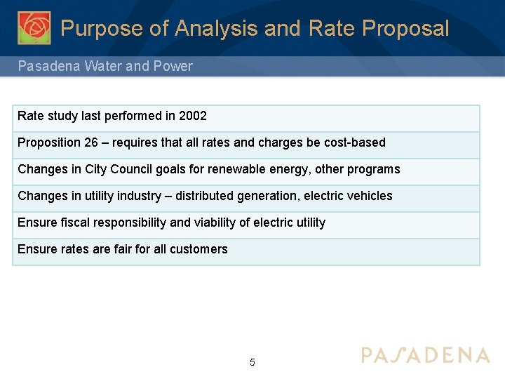 Purpose of Analysis and Rate Proposal Pasadena Water and Power Rate study last performed