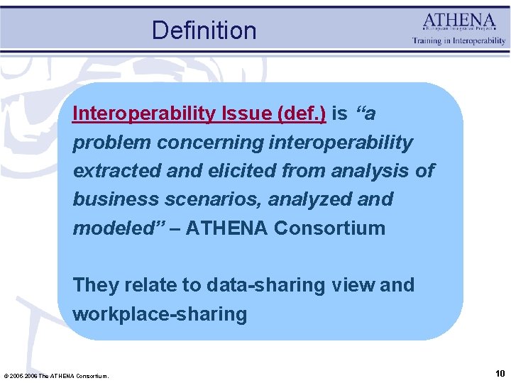 Definition Interoperability Issue (def. ) is “a problem concerning interoperability extracted and elicited from