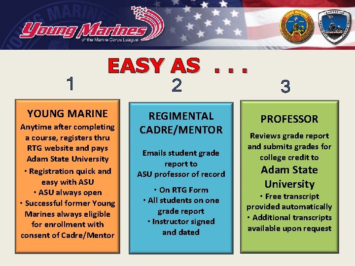 1 EASY AS. . . YOUNG MARINE Anytime after completing a course, registers thru