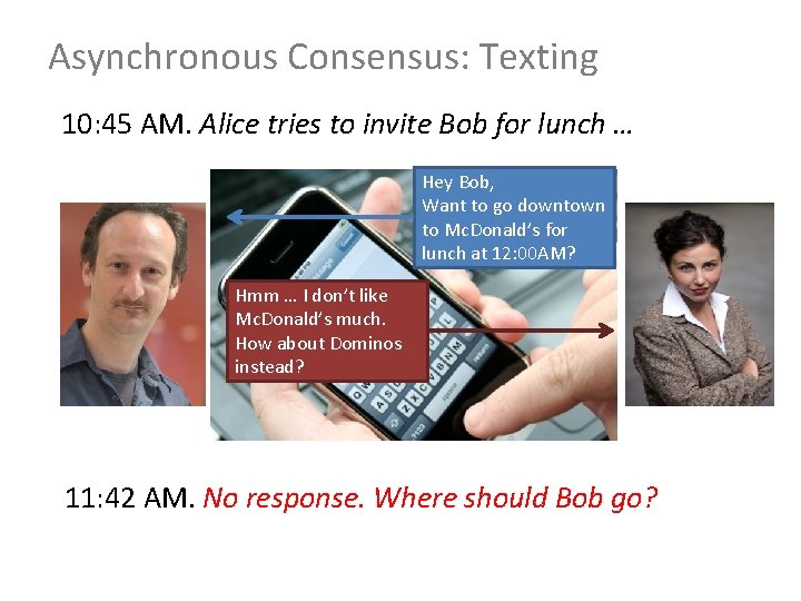 Asynchronous Consensus: Texting 10: 45 AM. Alice tries to invite Bob for lunch …