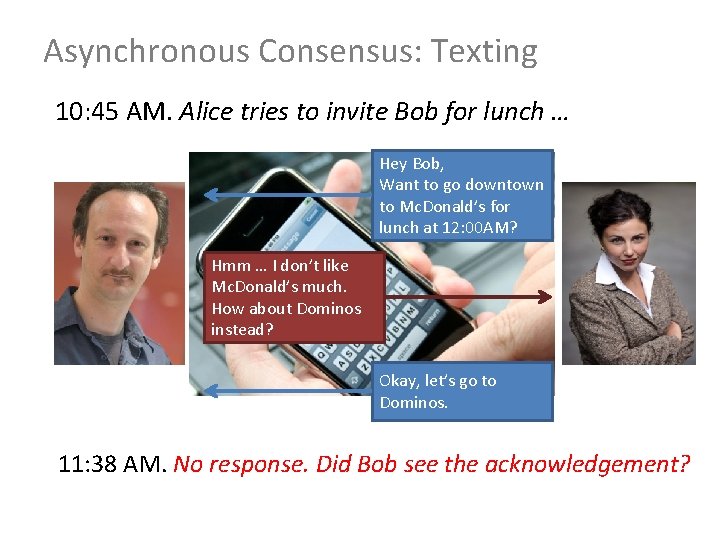 Asynchronous Consensus: Texting 10: 45 AM. Alice tries to invite Bob for lunch …