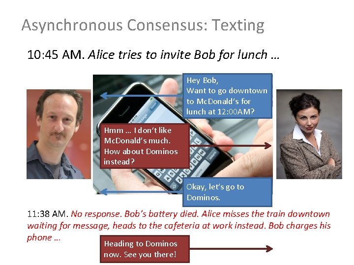 Asynchronous Consensus: Texting 10: 45 AM. Alice tries to invite Bob for lunch …