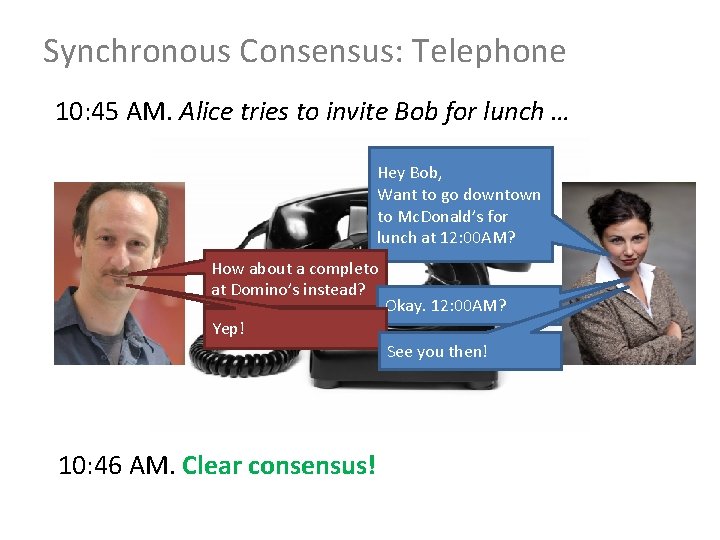 Synchronous Consensus: Telephone 10: 45 AM. Alice tries to invite Bob for lunch …